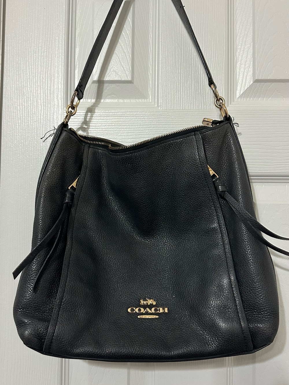 Coach Black Pebbled Marlon Leather Shoulder Hobo with Gold Logo